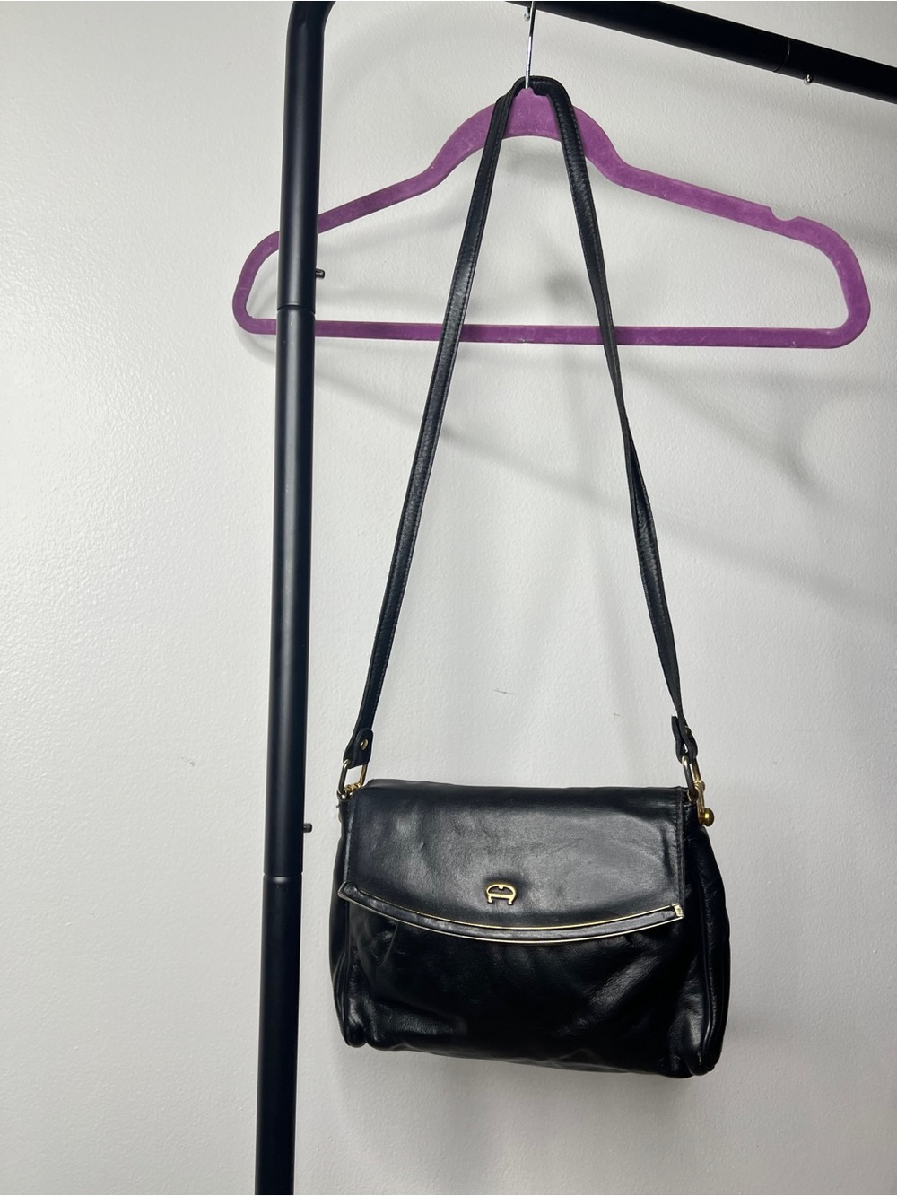 Etienne Aigner Black Leather Shoulder Bag with Gold Hardware